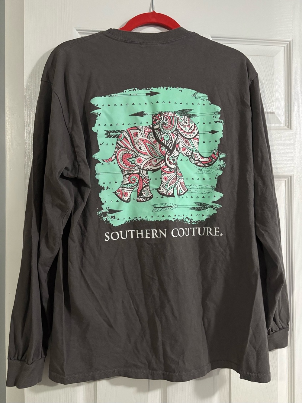 Southern Couture Women's Long Sleeve Tee - Charcoal with Mint & Pink Elephant